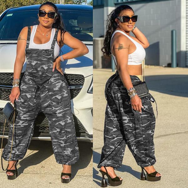 Sommar dam hängselbyxor kamouflage tryckta lösa jumpsuit gray camouflage M