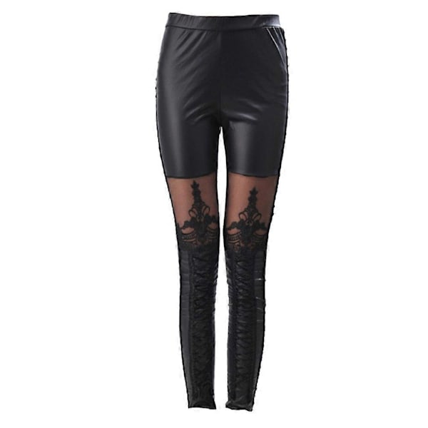 Imitationsläder Leggings med Spetsdetaljer, Högmidjade Tights för Kvinnor, Tunna Byxor för Damer (Svart Storlek M)