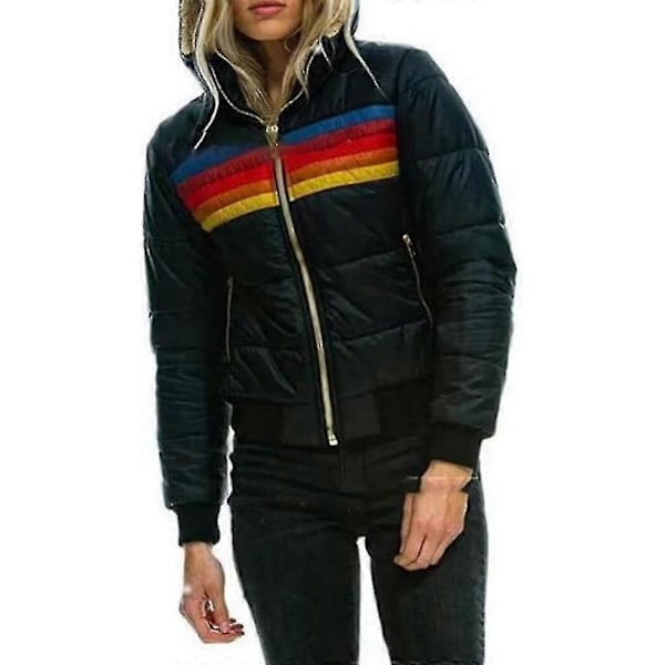 Dam Regnbåge Dragkedja Vinter Dun Ledig Randig Huvförsedd Pufferjacka Black XL
