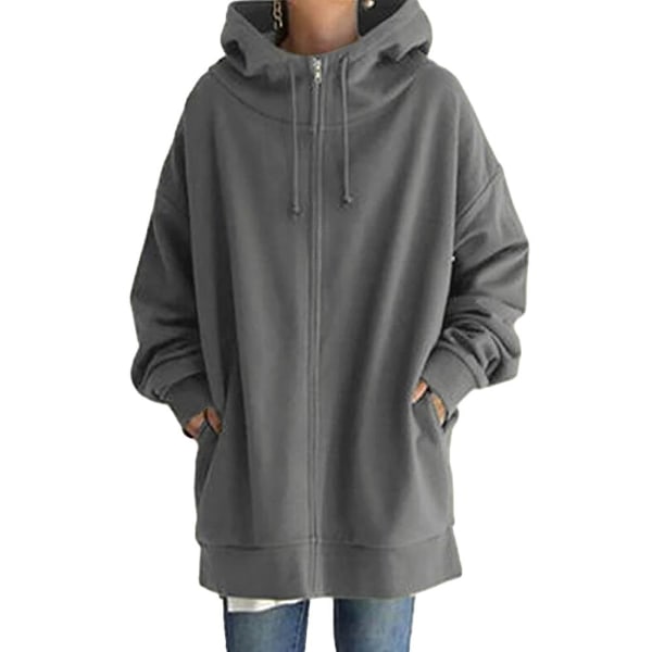 Dam Huva Full Dragkedja Kappa Casual Utomhus Höst Långärmad Jacka Med Ficka Gray L