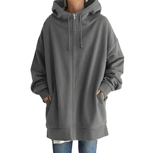 Dame Hætte Fuld Lynlås Frakke Casual Udendørs Efterår Langærmet Jakke Med Lomme Gray XL