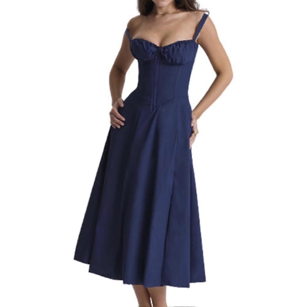 Trendigt Tryck Bustier Sommarklänning Dragsko Spets Ärmlös Klänning För Kvinnor Navy Blue M