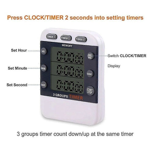 Digital Timer 100 Timer Trippel Nedtelling/Opptelling Klokke Timer Kjøkken Timer Med LCD-Skjerm Høy Lyd