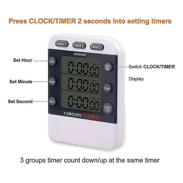 Digital Timer 100 Timmar Trippel Nedräkning/Uppräkning Klocka Timer Kök Matlagningstimer Med LCD-Display Hög Ljudnivå