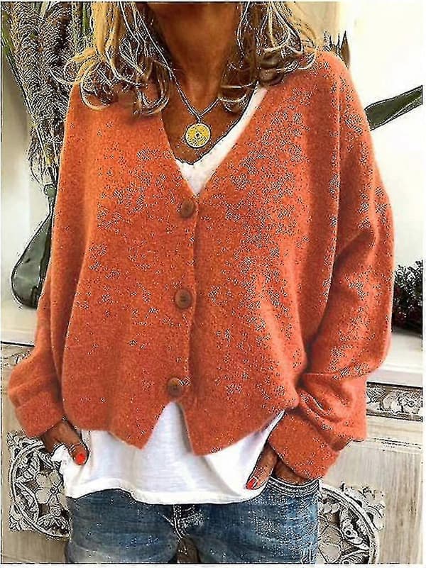 Damtröja Stickad Casual V-ringad Enfärgad Kofta Orange M