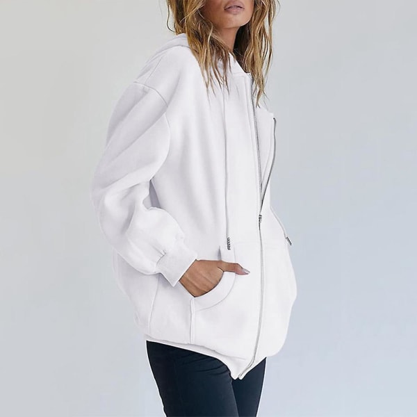 Kvinnor Vanlig Casual Huvjacka Långärmad Full Zip Dragsko Hoodies Coat White M