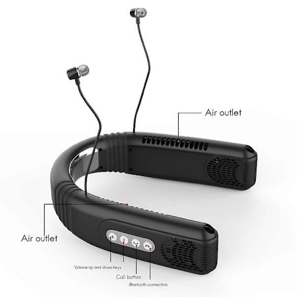 Kølende Lazy Trådløs Hængende Halsventilator Med Bluetooth Headset, sort