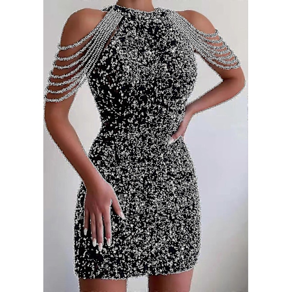 Off Shoulder Gull Paljettkjole Kort Party Bodycon Kjole Dame Sexy Aftenkjole BLACK XL