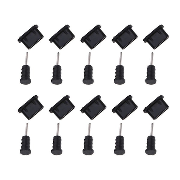 10 Par USB Typ C Anti-Damm Skyddskåpa Silikon Port Pluggar (Svart)