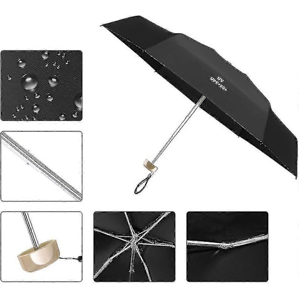 Mini Paraply, Sort Gummiklud 6 Aluminiumlegeringsribber, Foldbar Kompakt Rejseparaply, Regn- og Solparaply