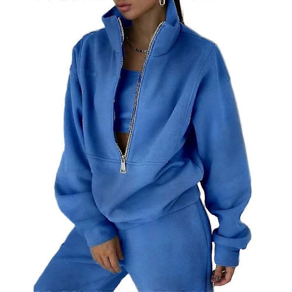 Dam Tvådelad Träningsdräkt Långärmad Dragkedja Hög Hals Hoodie Sweatshirt Med Träningsbyxor Träningsset Jogging Set Blue M