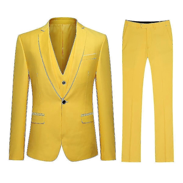 Miesten Puku Business Casual 3-osainen Puku Bleiseri Housut Liivi 9 Väriä Yellow XS