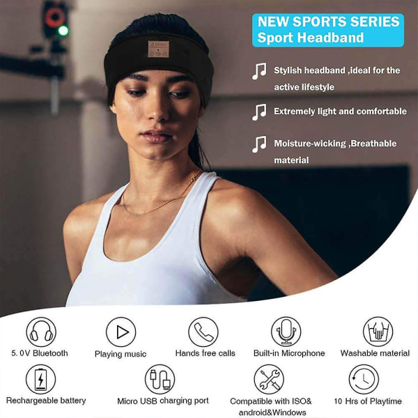 Trådlöst Bluetooth elastiskt pannband Bekväm sovande ögonmask Hörlurar Headset Musik Fitness Sport Utomhus Black