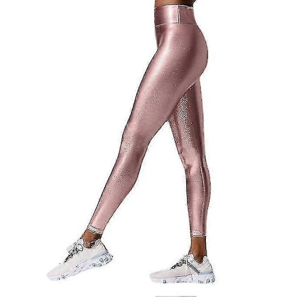 Dam Leggings i Metallisk Tyg, Hög Midja, Skinande Byxor pink XL