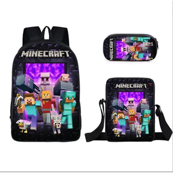 3 kpl/setti MINECRAFT 3D-tulostetut lasten reput Tyttöjen poikien reput Lasten koululaukut Sarjakuva-aiheinen lastentarhareppu Purple 16 Inches