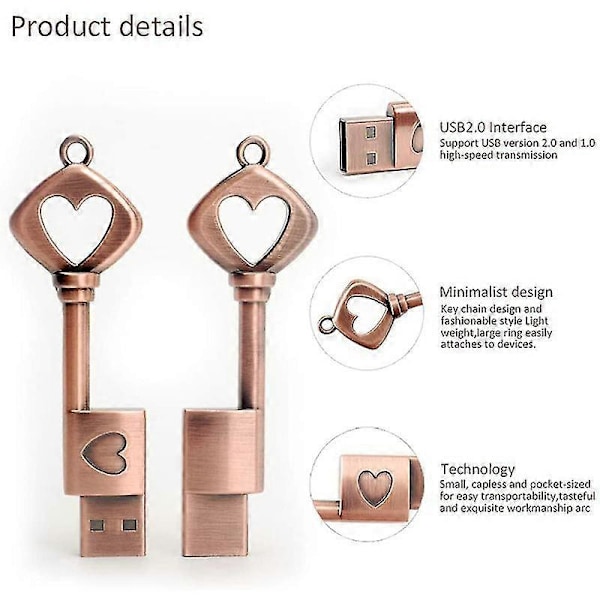 32gb USB 2.0 -muistitikku, retro metallinen sydänavaimen muotoinen muistitikku, USB-muistitikku puhdasta kuparia