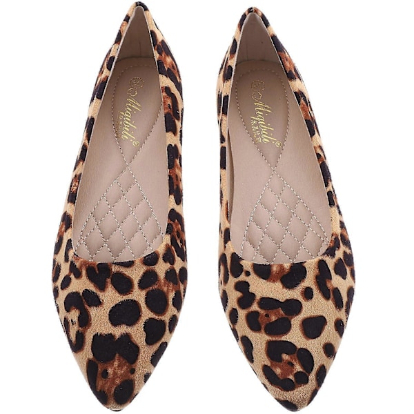 Mode Leopard Skor Plattor Spetsiga Skor Fritid för Kvinnor Damer (Khaki Leopard, Storlek 39)
