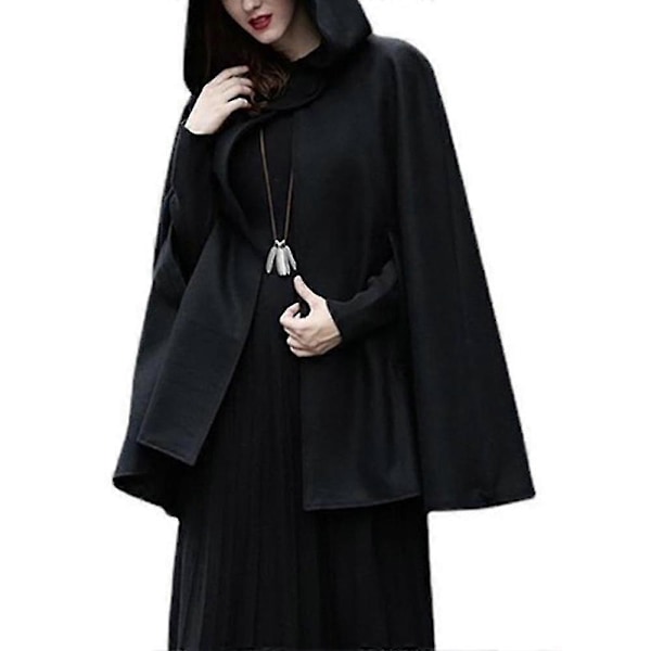 Dame Hætteklædt Kappe Poncho Frakke Jakke Løs Afslappet Overtøj Vinter Black XL