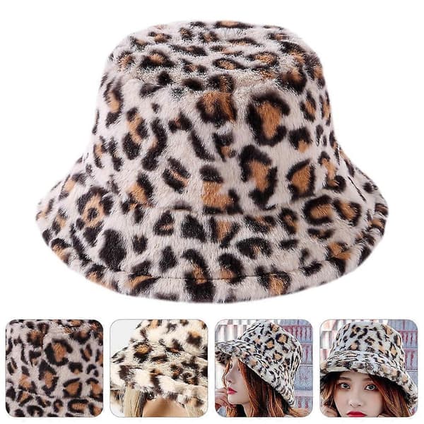1 stk. Moderigtig Varm Fiskerhat Fluffy Efterår Vinter Leopard Fiskerhat