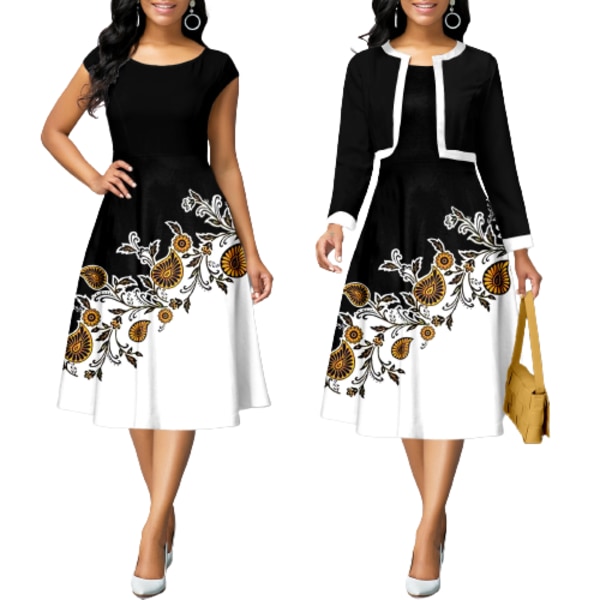 Ärmlös väst liten doftkappa Tvådelad set Fashionabla Elegant Digital Printing Skirt Set black S