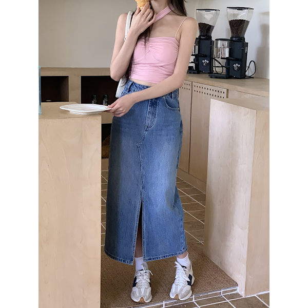 Sommar ny retro blå slits denimkjol för dam, passar till allt M
