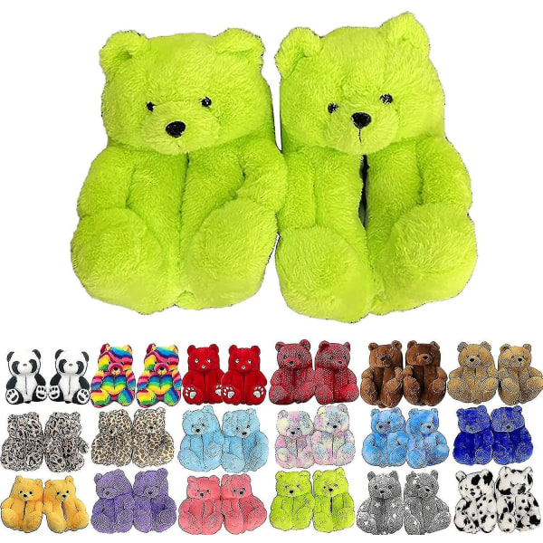 Teddybjörn Tofflor Dam Plysch Djurtofflor Varma Vinterskor Fuskpäls Halkfria M Yellow Green