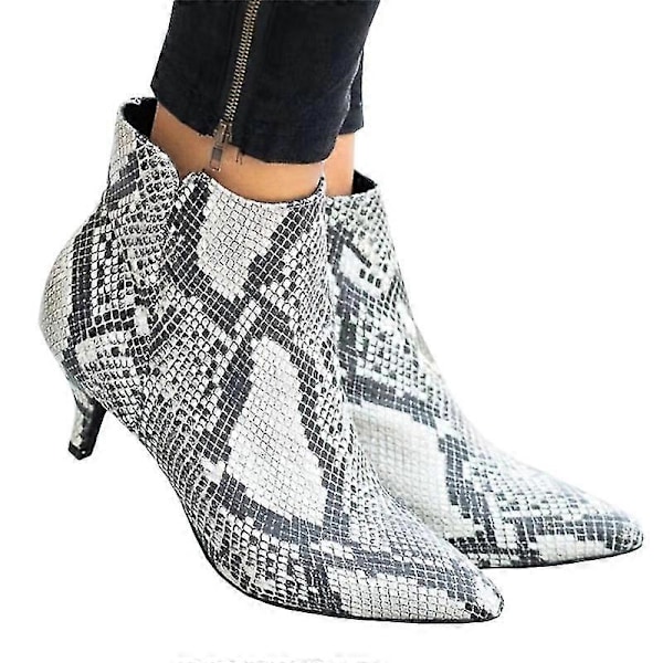 Dame Ankelstøvler med Lynlås, Lav Kittenhæl og Spids Tå Snake Print 37