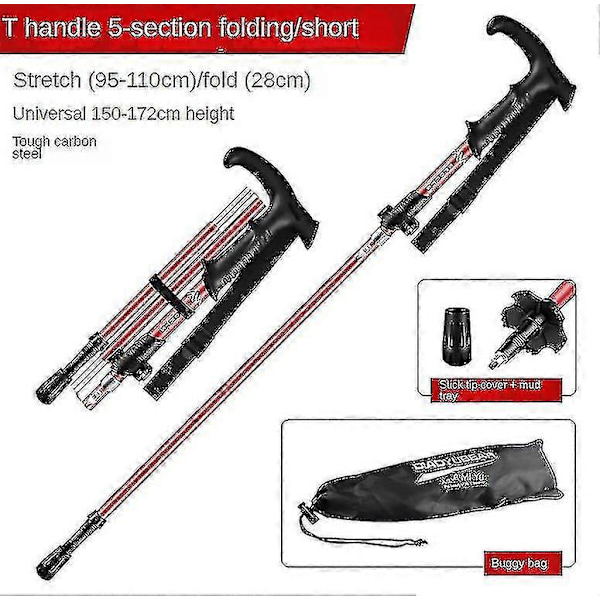 Sammenleggbare aluminiums vandrestenger med hurtiglåsesystem, sammenleggbare, teleskopiske, ultralette for eldre trekking, backpacking, fotturer red T handle long