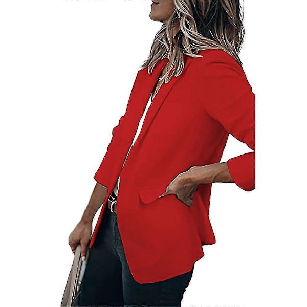 Dame Ensfarvet Åben Front Revers Blazer Langærmet Arbejde Kontor Cardigan Jakke Red L