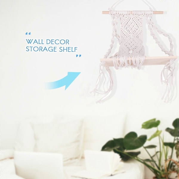 Boho Makramé Vägghylla Handgjord Vävd Toffs Gobeläng Rack Trä Flytande Förvaringshängare För