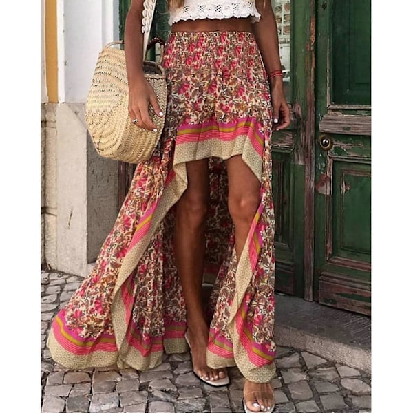 2 stk. Boho Print Lange Nederdele Dame Underdele Elastisk Talje Gypsy Etnisk Dame Nederdel S Størrelse Rød & Blå