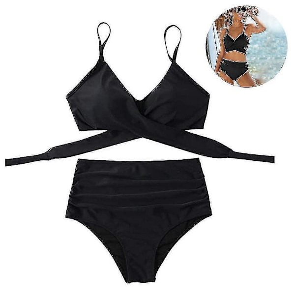 Højtaljet bandage bikini sæt til kvinder, wrap todelt push up badedragter krydsmønster dame badetøj Black M
