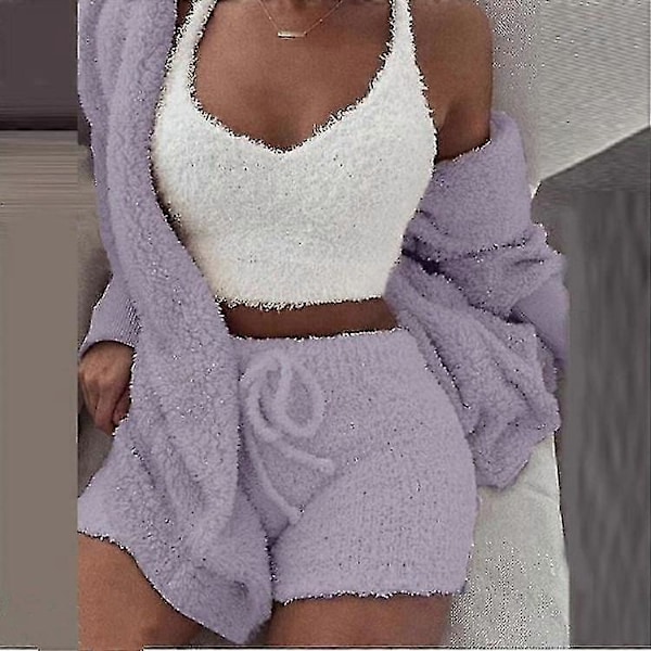 3 st Plysch Pyjamas Set Dam Plysch Väst Kappa Shorts Casual Loungewear Set Purple XXXL