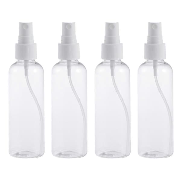 4 st 100 ml tomma sprayflaskor i plast för smink och hudvård, påfyllningsbara för resor (Transparenta flaskor med vit spray)