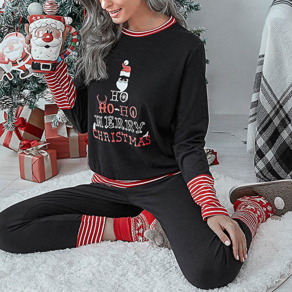 Christmas Women's Letter Printed Long Sleeve Pyjamas Set Christmas Pyjamas Lounge Wear Set Black 2XL