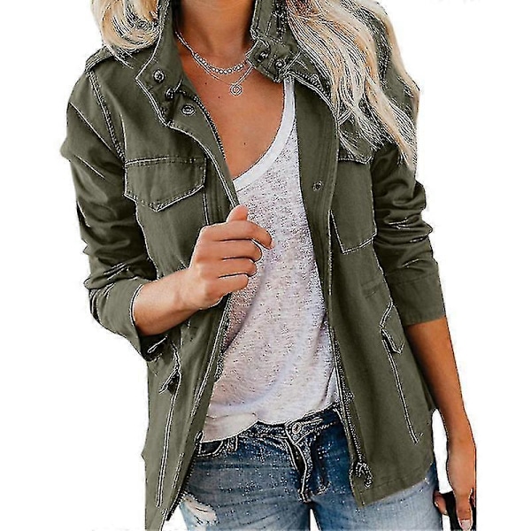 Dame Trykknapper Militærjakke Streetwear Efterårsfrakke Langærmet Utility Jakke 4XL Army Green