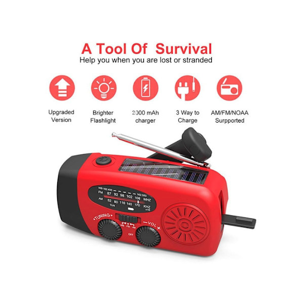 Multifunktionell Solradio Handdriven Vevradio/Nödradi och Powerbank med Tändstift och Solladdare - 2000Ah red