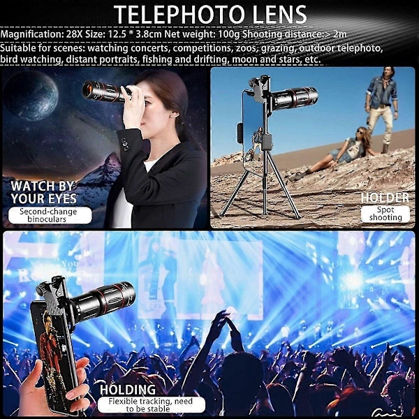 28x HD Mobiltelefon Kamera Linse Teleskop Zoom Makro Linse Til Smartphone Fiskeøje Lente Para Celula