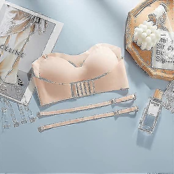 Damunderkläder Axelbandslös Frontspänne Lyft-BH, Trådlös Halkfri Osynlig Push Up Bandeau Beige M