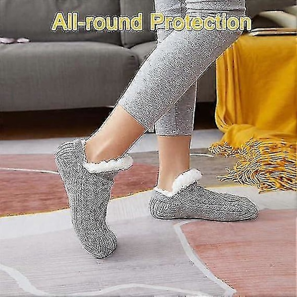 Inomhus halkfria termiska strumpor, fleecesox - Fleecefodrade halkfria termiska toffelstrumpor, v-formade fluffiga toffelstrumpor Beige S
