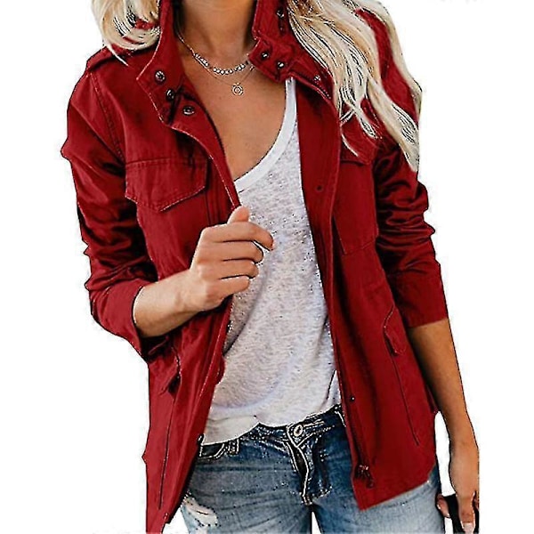 Dame Trykknapper Militærjakke Streetwear Efterårsfrakke Langærmet Utility Jakke S Wine Red