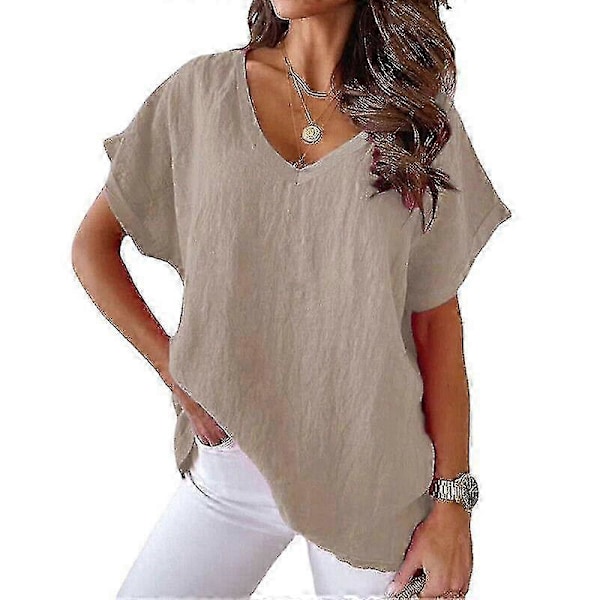 Dame Bomuld Linned Tunika Toppe Kvinder V-Hals T-Shirt Løs Bluse Plus Størrelse P20211224421 khaki 4XL