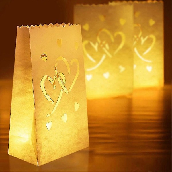 50 stk. hvide luminary poser med hjerter, flammebestandige lysposer, fyrfadslys lanterner til bryllup