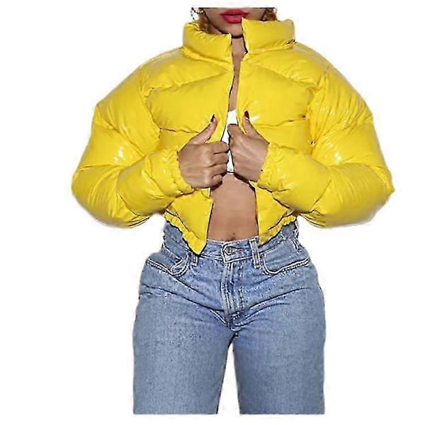 Vinterjakke for kvinner, kort boblejakke, vattert jakke, dunjakke med ståkrage YELLOW XXL