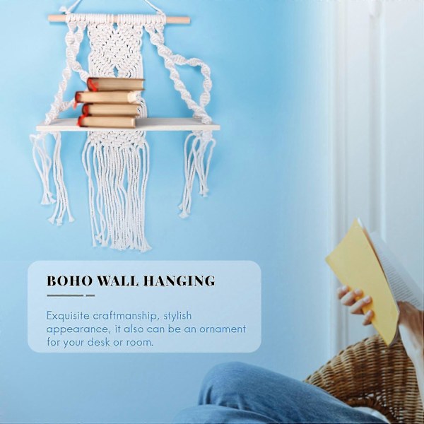 Boho Makramé Vägghylla Handgjord Vävd Toffs Gobeläng Rack Trä Flytande Förvaringshängare För