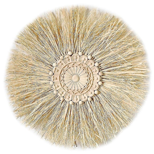 Boho Handgjord Vävd Halm Väggdekor Marockanska Träpärlor Väggbonad Ornament Rund Heminredning