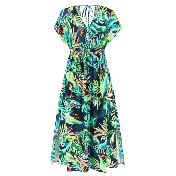 Mode Batman Sleeve V-hals Backless Strap Dress Sommar Printed lång kjol green M