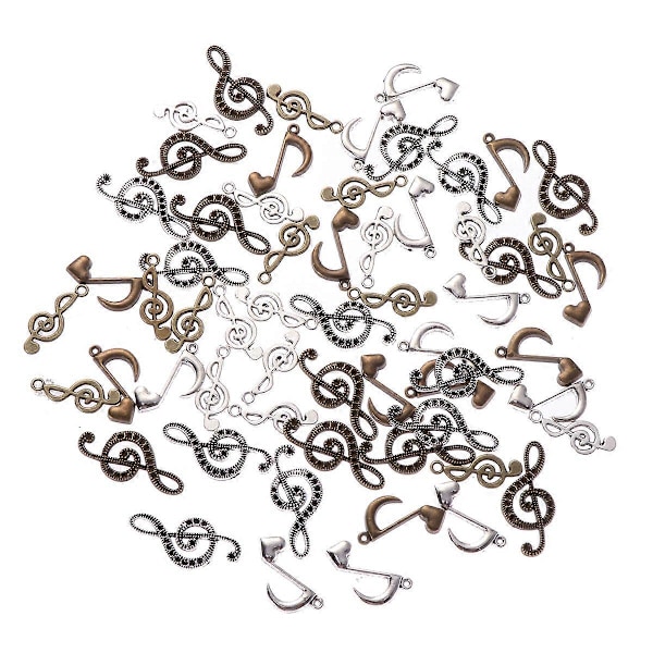 60 stk. Assorterede Mønstre Musiknode Legering Vedhæng Sæt DIY Charms Smykkefremstilling Tilbehør (P201 Bronze+P201 Antik Sølv)