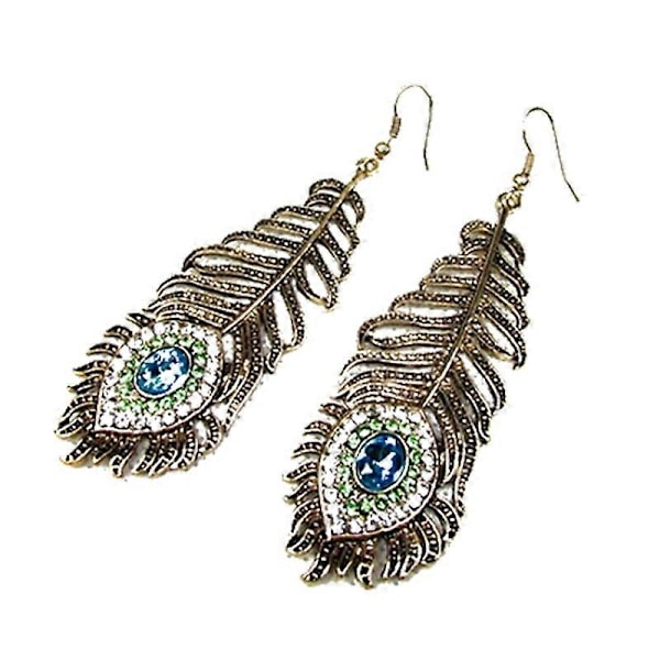 Vintage Dame Rhinestone Påfugleøje Fjer Hængekroge Øreringe Smykker