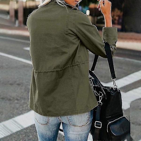 Dam Militärjacka med Tryckknappar Streetwear Höstjacka Långärmad Utility Jacka 3XL Army Green